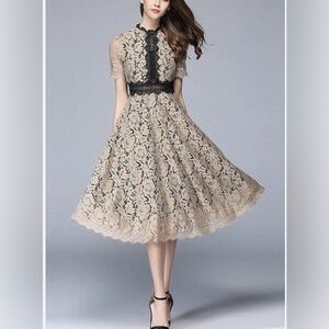 YISCO Coquette Girl Party Guest Lace Short Sleeve Fit/Flare Tan & Black Dress M